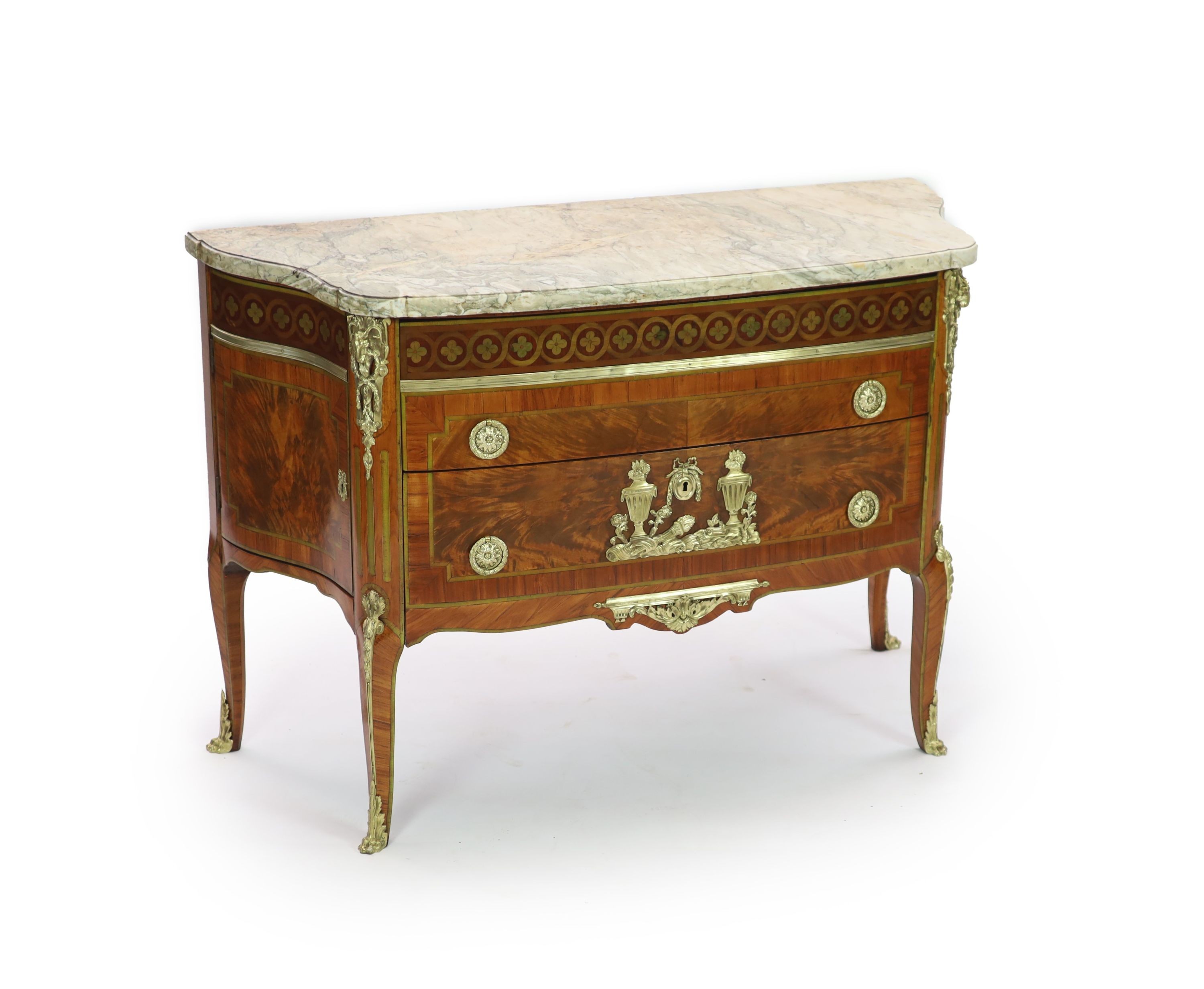 A late 19th century French marquetry and flame mahogany bowfront commode W.131cm D.54cm H.90cm